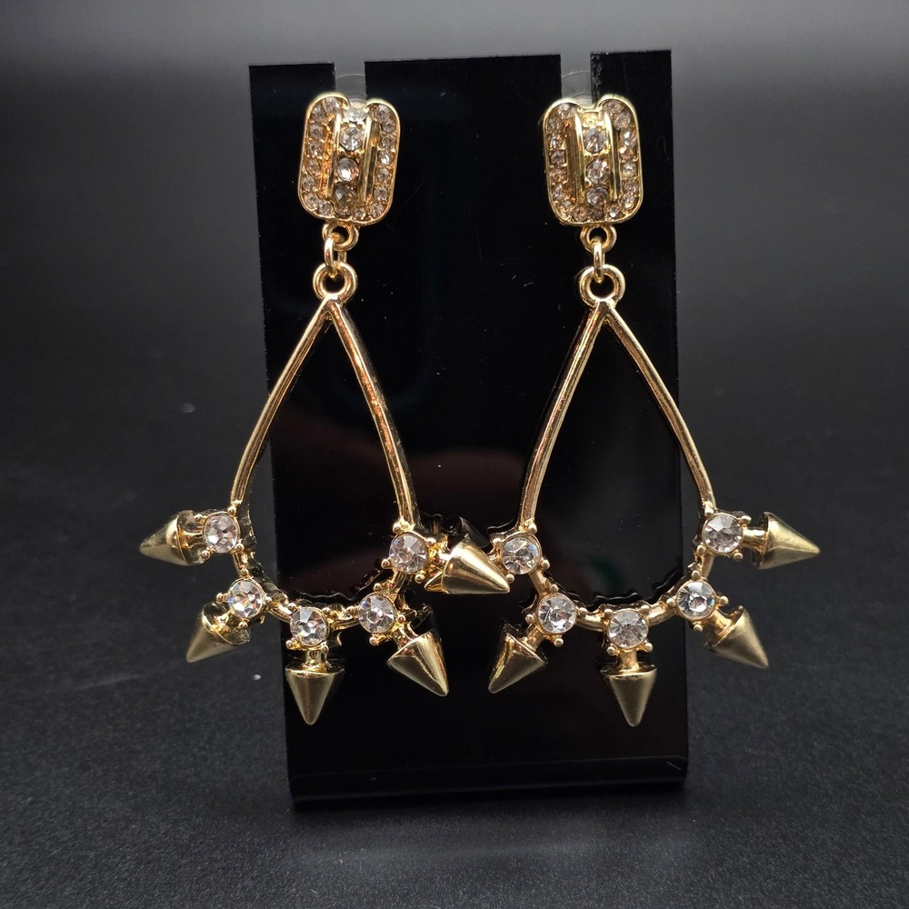 Gold Tone Rhinestone Studded Spike Hoop Earrings Pierced Edgy Punk